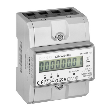 ORNO 3-fazowy wskaźnik zużycia energii elektrycznej, 80A MID, 3 moduły, DIN TH-35mm OR-WE-520