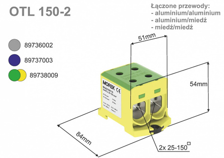 Złączka szynowa gwintowana OTL zacisk 2xAl/Cu 25-150mm2 szara VC05-0031/MAA2150A10